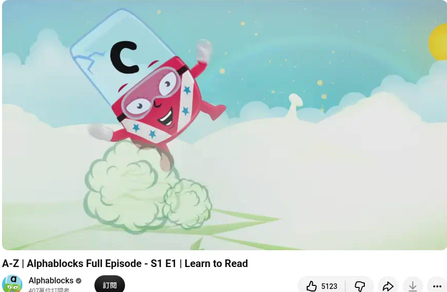 A–Z (S1 E1) — Learn to Read; título del reproductor “A-Z | Alphablocks Full Episode - S1 E1”; letra C en pantalla.
