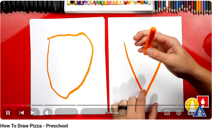 How To Draw Pizza - Preschool — 마커로 피자 조각 모양 그리기(단계 「Drawing the pizza shape」).