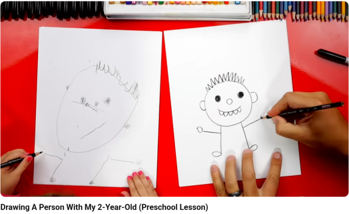 Drawing A Person With My 2-Year-Old (Preschool Lesson) — 부모와 아이가 각각 색연필로 사람 그리기.