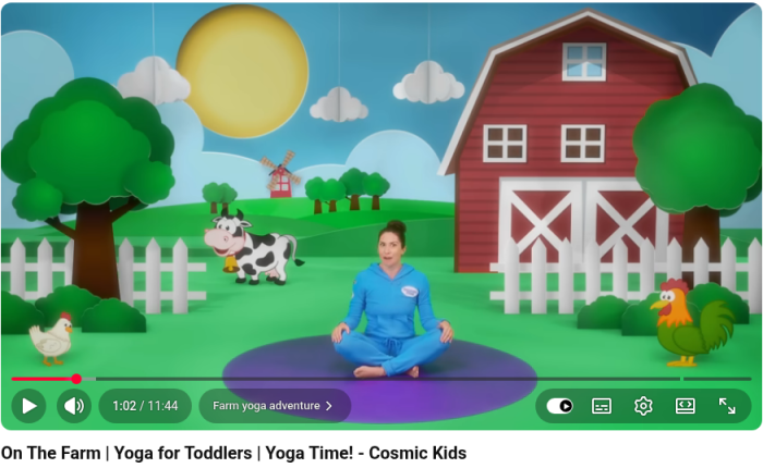 On The Farm | Yoga Time — 農場テーマで Jaime がヨガポーズを実演(子どもは画面外)。