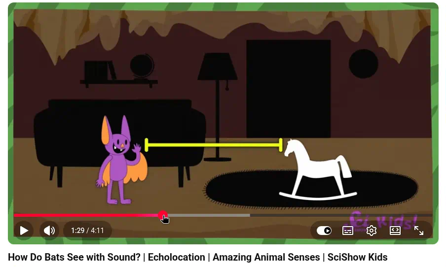 How Do Bats See with Sound? — 黄色い音線がロッキングホースに届くカートゥーンコウモリ;エコーロケーション図で攻撃シーンではありません。