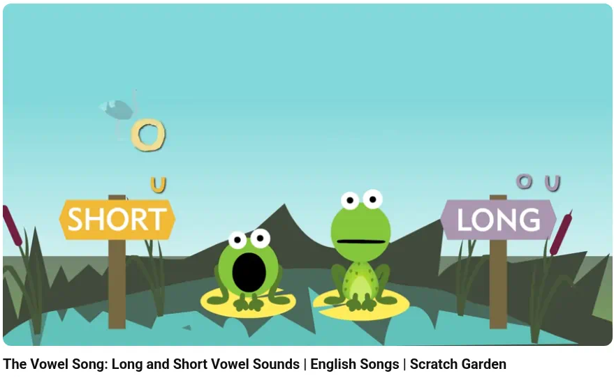 The Vowel Song: Long and Short Vowel Sounds — dos ranas SHORT y LONG en nenúfares; vocales de una letra A E I O U.