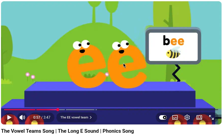 The Vowel Teams Song | The Long E Sound — en pantalla: ee y bee; equipo vocálico EE de dos letras (siguiente paso, no inicio de la primera semana).